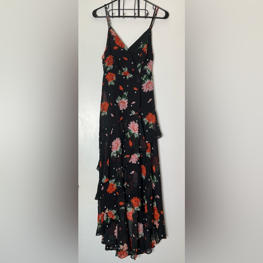 LuLus Black Polka Dot Ruffle Red Floral Maxi Dress